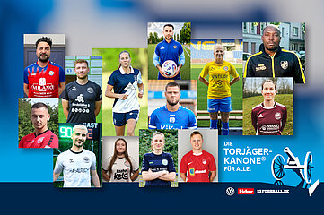A collage of twelve portraits of soccer players in their team uniforms; the graphic promotes the “Top Scorer Award for Everyone” against a blue background. Photo: kicker