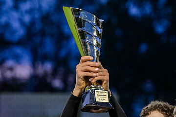 Eine Person hält mit beiden Händen eine große silberfarbene Trophäe über den Kopf. Von der Person selbst sind nur die Hände sowie ein Teil der Arme zu sehen. Die Trophäe hat eine moderne, geschwungene Form mit mehreren offenen, spiralförmigen Elementen und reflektiert das Umgebungslicht.  Auf dem Sockel der Trophäe ist ein Schild mit der Aufschrift „NIKE YOUTH CUP“ sowie weiteren kleineren Textzeilen zu erkennen. Im Hintergrund sind unscharfe dunkle Silhouetten von Bäumen vor einem blau-violetten Abendhimmel zu sehen. Die Schärfe liegt auf der Trophäe und den Händen im Vordergrund, wodurch der Pokal besonders hervorgehoben wird.