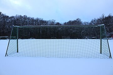 In der Mitte des Fotos steht ein Fußballtor, das frontal aufgenommen wurde. Das Tor hat einen grünen Metallrahmen und ein engmaschiges Netz. Am oberen Rand des Tores liegt etwas Schnee. Der Boden ist komplett weiß, weil eine dicke Schneeschicht den ganzen Fußballplatz bedeckt. Es gibt keine Fußspuren, der Schnee wirkt unberührt. Hinter dem Tor verläuft eine dichte Baumreihe. Die Bäume sind hoch, kahl und mit einer dünnen Schneeschicht überzogen. Der Himmel darüber ist hellgrau bis bläulich, wie an einem ruhigen Wintertag. Links und rechts im Hintergrund stehen weitere kleine oder weiter entfernte Fußballtore, die im Schnee und vor dem dunklen Waldrand nur schwach zu erkennen sind. Insgesamt vermittelt das Bild eine stille, ruhige Winterstimmung auf einem verschneiten Sportplatz ohne Menschen.