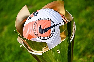Ein Fußball mit Nike-Symbol liegt oben in einem Pokal, der auf Rasen steht.