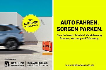 Werbegrafik für ein Auto‑Abo: Fahrendes Auto, Koffer mit Aufschrift „Sorgen“, Slogan „Auto fahren. Sorgen parken.“ sowie Infos zu fixer Monatsrate inkl. Versicherung und Wartung.