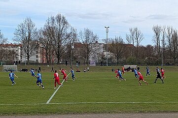 Auf dem Foto ist ein Fußballspiel auf einem großen, grünen Rasenplatz zu sehen. Mehrere Spielende tragen blaue Trikots, die Gegenspielenden rote Trikots. Der Ball befindet sich im Spiel, und die Spielenden laufen über das Feld, verteilt in beiden Hälften. Im Hintergrund stehen einige Zuschauende am Rand des Platzes. Dahinter sind eine Reihe blattloser Bäume und mehrstöckige Wohngebäude zu sehen. Der Himmel ist leicht bewölkt. Der gesamte Ort wirkt wie eine öffentliche Sportanlage im Freien.