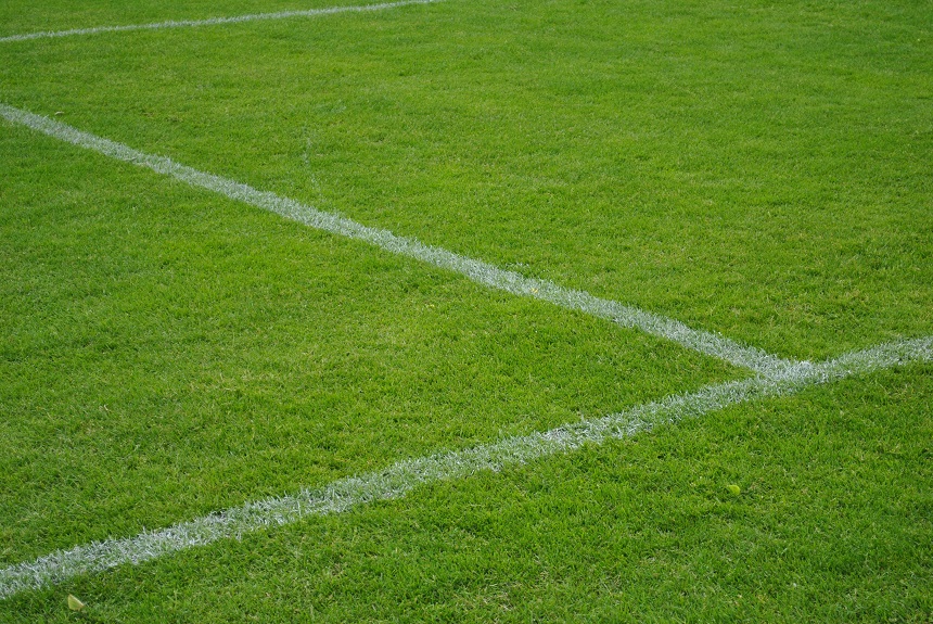 Das Bild zeigt einen Abschnitt eines grünen Grasfeldes mit weißen Linien, die die Grenzen markieren. Die Linien schneiden sich im rechten Winkel, was darauf hinweist, dass dies ein Teil eines Sportfeldes ist, wahrscheinlich für Fußball. Es gibt keine anderen Objekte oder Texte im Bild. Foto: BFV 
