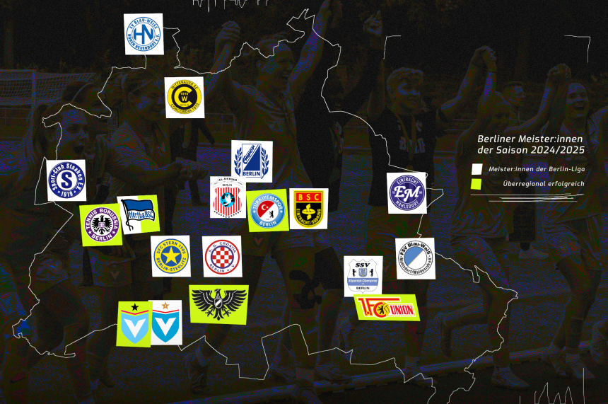 Die Grafik zeigt eine stilisierte Karte von Berlin. Auf der Karte sind an verschiedenen Orten Vereinslogos von Fußballmannschaften platziert. Diese stehen für die Berliner Teams, die in der Saison 2024/2025 Meistertitel errungen haben. Rechts neben der Karte befindet sich eine Legende mit zwei farbigen Symbolen: Ein gelbes Quadrat steht für Teams, die Berliner Meister:innen in der Berlin-Liga wurden. Ein grünes Quadrat kennzeichnet Teams, die überregional erfolgreich waren. Darüber steht der Titel: „Berliner Meister:innen der Saison 2024/2025“. Foto: BFV