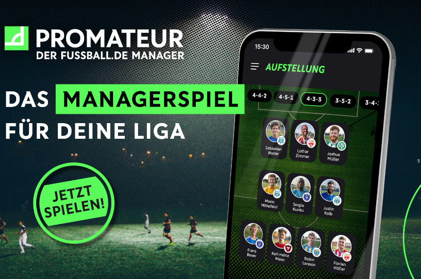 The image shows an advertising graphic for a soccer manager game called "PROMATEUR - Der fussball.de Manager". At the top left is the logo: a green square with a corner marker in it. Next to it is the lettering "PROMATEUR" in large white letters and below it in smaller letters "DER FUSSBALL.DE MANAGER". Below this is a large text in white and green: "DAS MANAGERSPIEL FÜR DEINE LIGA". The word "MANAGERSPIEL" is highlighted in a green rectangle. At the bottom left is a green circle with the text "PLAY NOW!" in black. On the right of the image is a smartphone showing the app's user interface. At the top of the screen it says "SETUP" in green. Below this are various formation options such as "4-4-2", "4-5-1", "4-3-3", "3-4-3" and "3-4-1-2" in black buttons with a green border. Below this, nine player portraits are arranged in small circles with names and club logos, each with different colors and symbols. In the background you can see a soccer pitch at night, illuminated by floodlights. Some players are recognizable on the field, but are shown out of focus. The color scheme of the entire image is predominantly green, black and white, which conveys a sporty and dynamic impression.
