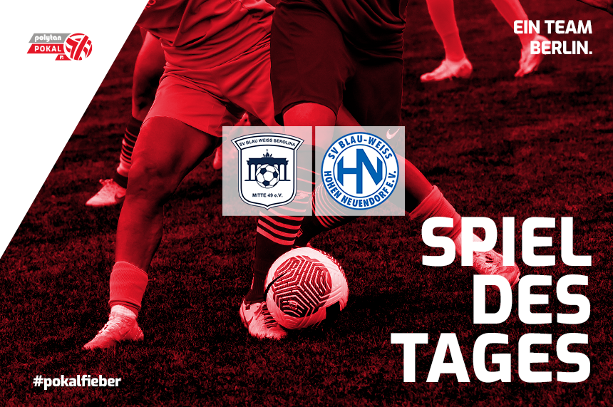 Rotes Fußballmotiv mit zwei Spielenden am Ball; in der Mitte die Vereinslogos und rechts der Schriftzug „Spiel des Tages“. Foto: Sandra Ritschel/BFV