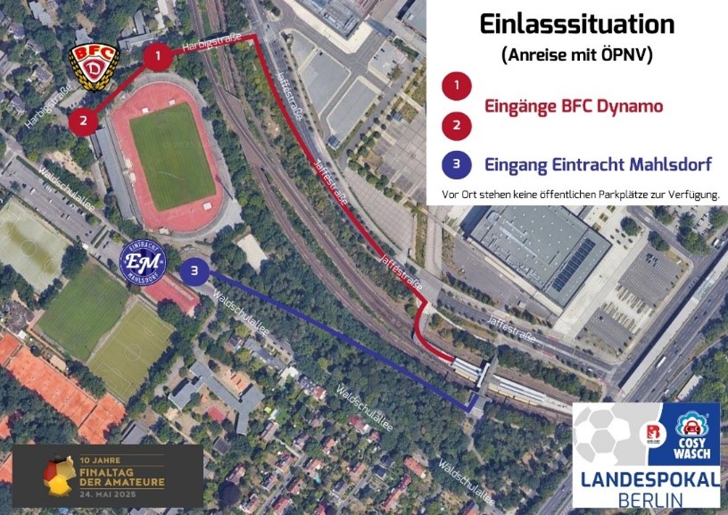 Luftbild vom Mommsenstadion mit markierten Eingängen für BFC Dynamo und Eintracht Mahlsdorf, umgeben von Straßen und Gebäuden.