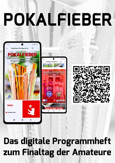 The picture shows two smartphones standing next to each other in front of a blurred background with a large trophy. Both smartphones show the contents of a digital program booklet for the "Final Day of the Amateurs". Photo: BFV
