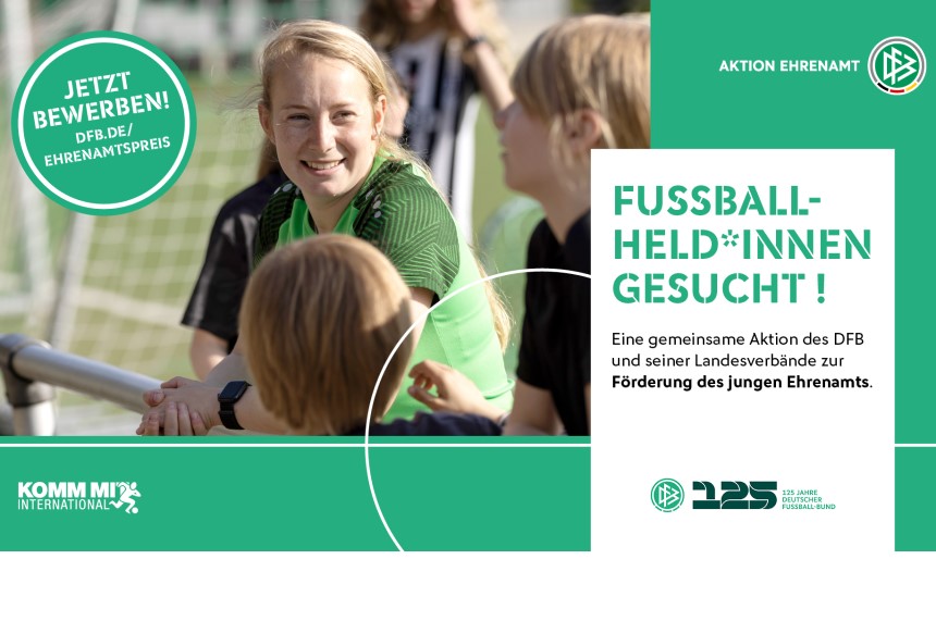 Children in soccer shirts on the pitch. Text: "FOOTBALL HEROES WANTED! Campaign to promote young volunteers." Photo: DFB