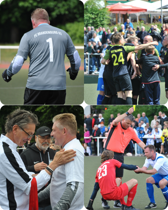 Collage aus vier Szenen eines Fußballspiels: Torwart von hinten, jubelnde Spielende, Handschlag am Spielfeldrand und eine Szene mit Schiedsrichter und Karte vor Publikum.