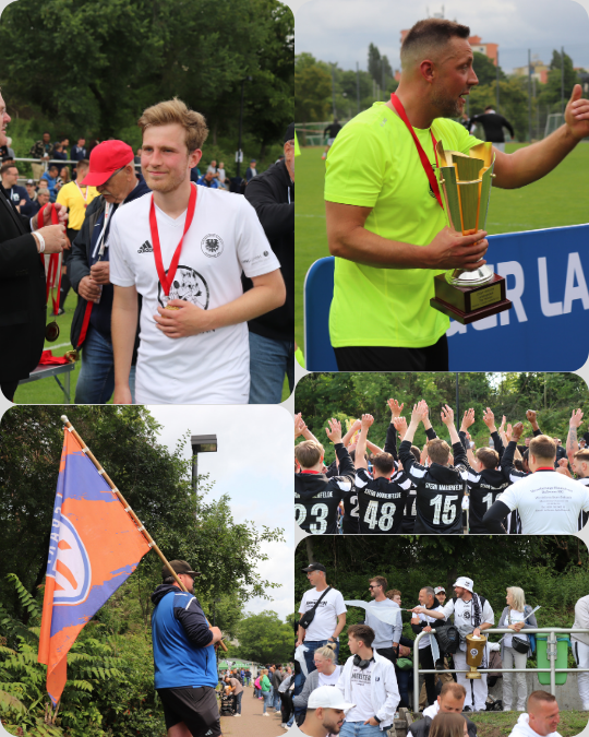 Collage einer Sportveranstaltung: Eine Person mit Medaille, eine Person hält einen Pokal, ein Team jubelt mit erhobenen Armen. Außerdem sind Zuschauende am Spielfeldrand und eine Fahne zu sehen.